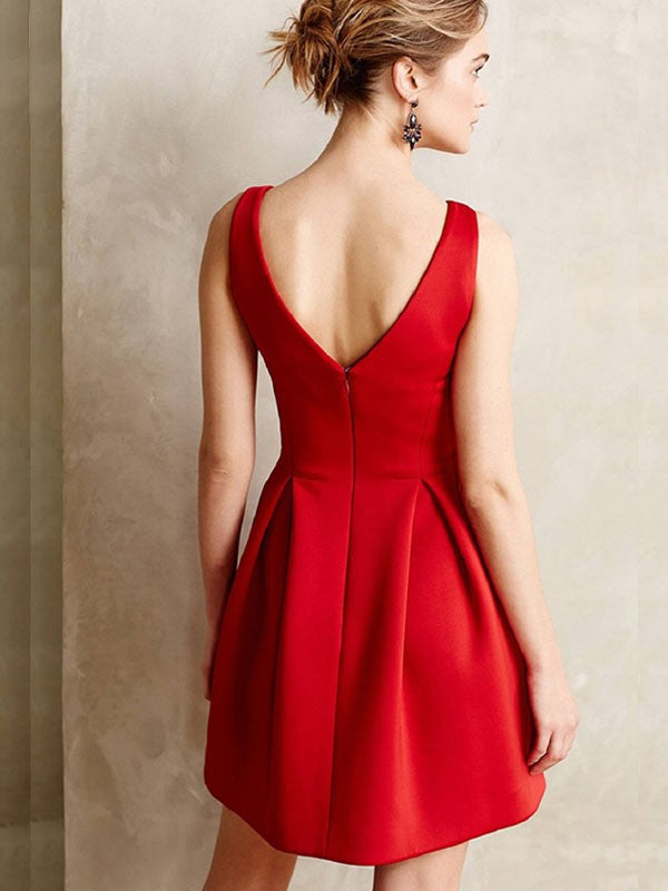 Wholesale A-Line/Princess Satin Sleeveless Short/Mini Ruffles V-neck Dresses